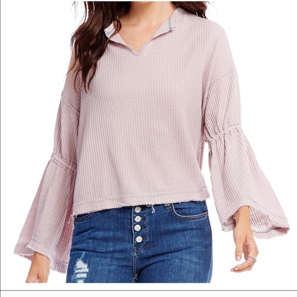 NWT FREE PEOPLE DAHLIA V-NECK LONG SLEEVE RIBBED TOP Coastal Cowgirl Cottagecore - Picture 2 of 6